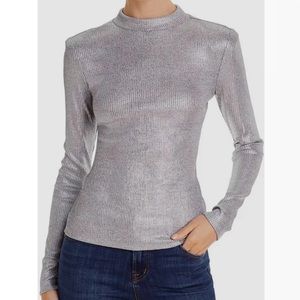 RAMY BROOK metallic silver ribbed mockneck long sleeve stretch top L